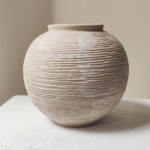 Rustic Farmhouse Vase Home Decor - 6 in Ceramic Boho Decorative Vase for Decor, Round Clay Whitewashed Terracotta Bowl vase for Living Room, Table, Shelf, Centerpieces - style: 02 - Small Rustic Ribbed Whitewash