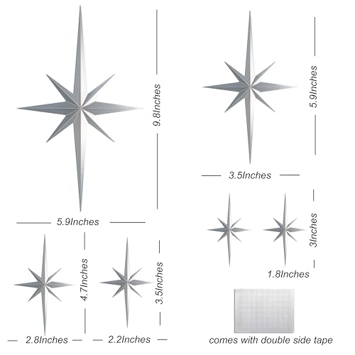 Stylor Mid Century Modern Decor, Mcm Retro 3D Star Art Wall Sculpture, Plastic Starburst Decor, Vintage Celestial Whimsigoth Home Decor Accent. (Set of 6, Silver) - color: Silver