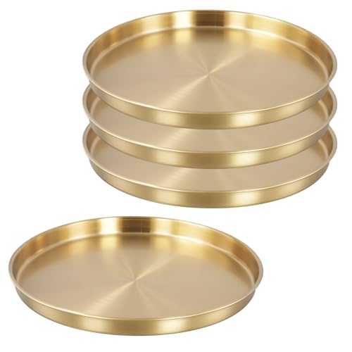 4 PCS Gold Round Tray, 11.8 Inch Stainless Steel Serving Tray Jewelry Dish Makeup Vanity Organizer, Gold Platter Circle for Countertop, Bathroom, Perfume