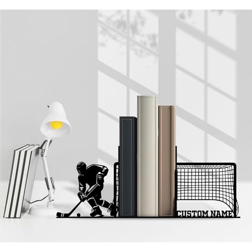 Sports Themed Metal Bookends, Book Ends for Shelves, Office Desk, Cookbook Stand, CD Holder, Magazine Holder for Office Organization, Housewarming Gifts New Home (Hockey Design) - color: Hockey Design