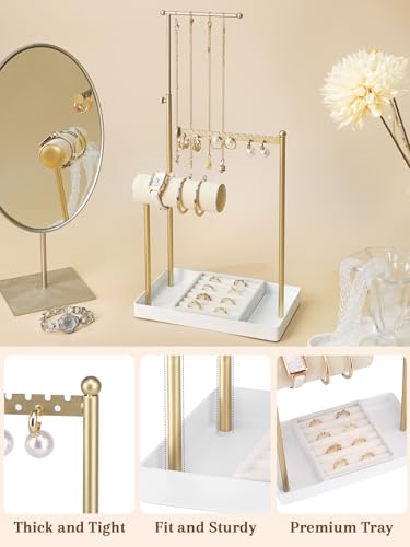 Jenseits Jewelry Organizer Stand with Ring Holder - 3-Tier Gold Jewelry Holder Tower with Velvet Tray, Necklace Holder, Bracelet & Earring Display Stand for Women, Gift for Her - color: white-gold
