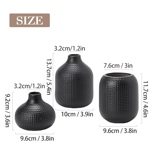 Black Ceramic Vases for Decor, 3 Set Weave Style Modern Minimalist Farmhouse Decoration for Table Shelf, Bookshelf Decoration - color: 14 Black