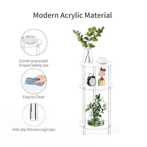 Clear Round Acrylic Side Table Set of 2 for Small Spaces, 11.81" L x 11.81" W x 24.6" H, 3 Tier Small Drink End Table Nightstand, Minimalist Bedside Table for Living Room, Bedroom, Bathroom - size: 3 Tier 2-Pack (24.6"H)