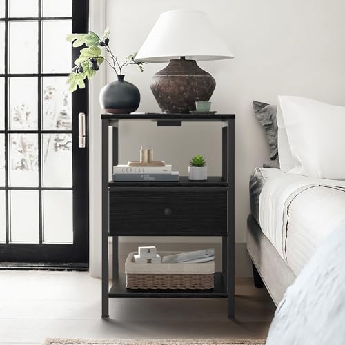 BOLUO Black Nightstand with Charging Station, LED Night Stand with Fabric Drawers and Shelf, Bedside Table with USB Ports and Outlets, Bedroom Nightstand Modern - color: B.black