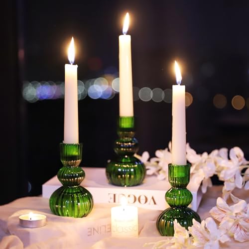 Woho Green Taper Candle Holders Set of 3 for Christmas Decorations, 4.3" H Ribbed Glass Candlestick Holders for Spring Wedding Table, Vintage Candle Sticks Holder Decor Home Decor - color: Green