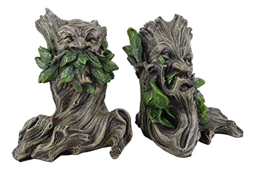 Ebros Gift Mythical Forest Tree Spirit Ent Celtic Greenman Decorative Bookends Figurine Pair Set 6" Tall Wicca Horned God Sculptural Bookend Library Bookshelf Accent