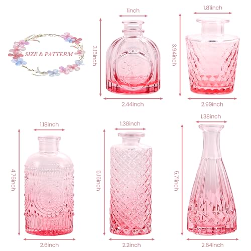 UPBUD Pink Glass Bud Vases Set of 5, Mini Flower Vase for Centerpieces, Small Clear Vases in Bulk for Wedding Decorations, Vintage Vase for Table, Home Décor - color: Standard-pink, size: 5pcs