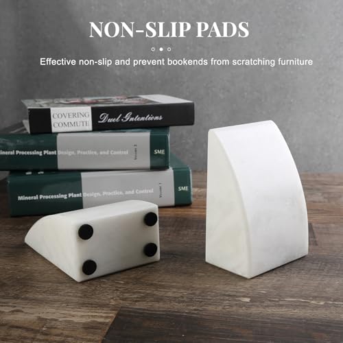 Koville Marble Bookends for Shelves, Large Bookends for Heavy Books, Natural Stone Book Stopper for Books CD Movies, Aesthetic Decorative Book Ends (White) - color: Sail-white