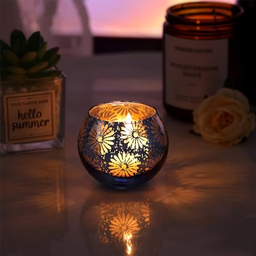 Blue Mercury Glass Votive Candle Holders Set of 12, Round Tealight Candle Holders Bulk for Table Centerpieces, Weddings, Shower Gifts, Party Decorations - color: Blue
