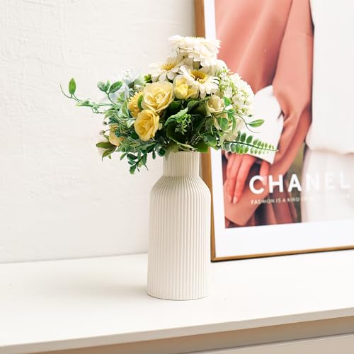 Bohemian White Ceramic Vase - for Pampas Grass, Mantel, Bookshelf, Entryway and Living Room Decor (White, 8in) - color: White, size: 8in