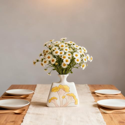 Modern Ceramic Flat Vase - 6.1" Small Decorative Flower Vase with Yellow Botanical Pattern - Boho Minimalist Home Decor for Bookshelf, Mantle & Desk