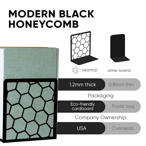GEOMOD Geometric Honeycomb Black Metal Bookends Decorative - Tall Sturdy Book Ends for Shelves - Modern Heavy Duty Bookend Stopper - Office or Home Book Shelf Book Holder - 6x3.25x6.25 Inches - 2 Pair - color: Black, size: 2 Pairs, style: Honeycomb