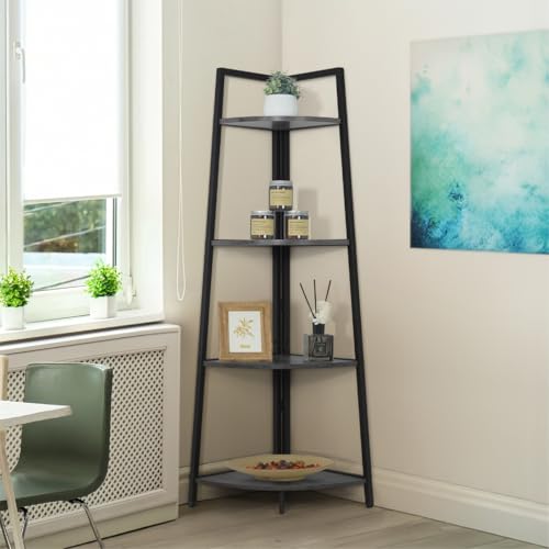 CAPHAUS Tall Corner Shelf Stand, 4-Tier Display Shelves, Ladder Corner Wood Storage Plant Bookshelf with Metal Frame, Versatile Shelving Unit Bookcase for Home Office Space, Dark Grey - color: Dark Grey, size: 4-Tier