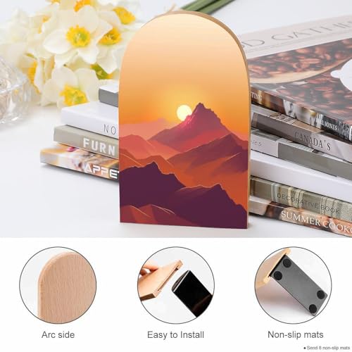 Sunset Wooden Bookends Shelves 2 PCS Mountain Sturdy Book Holders Desktop Organizer for Home Office Libraries - color: Color-2