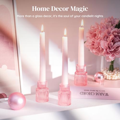 Glasseam Glass Tapered Candlestick Holders: 2 Pcs Ribbed Pink Candle Sticks Holder Decor Modern Fluted Taper Candle Holders for Table Centerpiece Pink Wedding Decor Valentine Dinner Parties - color: Pink