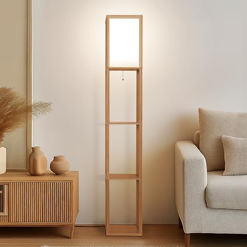 Brightech Maxwell - Modern Shelf Floor Lamp with Lamp Shade & Warm White LED Bulb, Corner Display Floor Lamp with Shelves for Living Room, Bedroom, Nightstand Office, Home Decor Storage - Natural Wood - color: Natural Wood