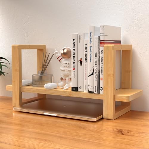 Small Adjustable Desk Bookshelf Organizer – Open Bookend Shelf Flexible to Fit as Much or as Little with Slide-in Joints | Portable, Reversible for Class, Dorm, Home Office | Bamboo - color: Bright Bamboo