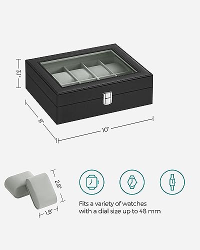 SONGMICS Watch Box, 10-Slot Watch Case Organizer with Large Glass Lid, Removable Pillows, Gift for Loved Ones, Black Synthetic Leather, Gray Lining UJWB010BK - color: Black + Gray, size: 10 Slot