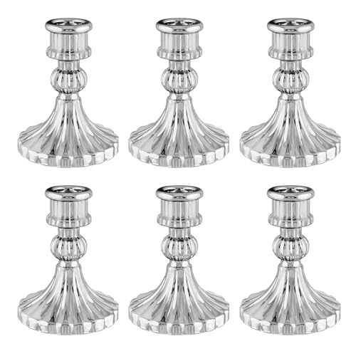Glass Candlestick Holder,Striped Taper Candle Holders,Set of 6 Candle Stand for Table Centerpieces, Home Decor,Weddings,Festival and Parties (Silver Stripe) - color: Silver Stripe