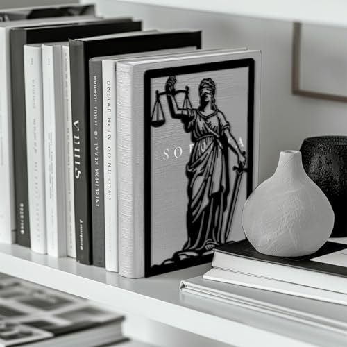 Peacoblue Metal Bookends for Shelves, Modern Decorative Heavy Duty Study Book Ends Stoppers for Office, Desk, Shelf, Room 5.3"x4.3"x7.9" Cast Iron Simple Tall Bookends 1 Pair (Justice Lady Themis) - style: Justice Lady Themis