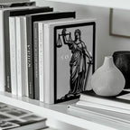 Peacoblue Metal Bookends for Shelves, Modern Decorative Heavy Duty Study Book Ends Stoppers for Office, Desk, Shelf, Room 5.3"x4.3"x7.9" Cast Iron Simple Tall Bookends 1 Pair (Justice Lady Themis) - style: Justice Lady Themis