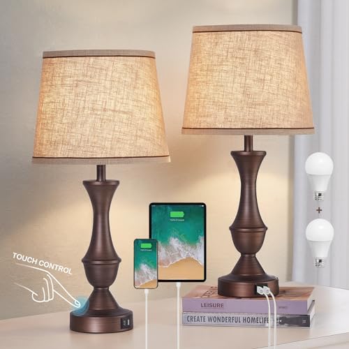Luvkczc Touch Table Lamps Set of 2, 22" Tall Bedside Lamps with USB C+A Ports, Dimmable Table Lamp, Nightstand Lamps for Bedroom, Living Room, Office, Brown Lamps with Beige Lampshade, Bulbs Included - color: Brown, size: 22in