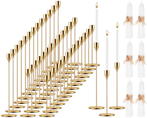 Inbagi 24 Sets Gold Candlestick Holders Bulk for Taper Candles Metal Tall Pillar Candle Stands for Table Centerpiece Wedding Christmas Home Party Decor, Fit 0.79 in Thick Candle
