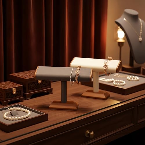 Solid Wood T-bar Watch Display Stand Bracelet Holder Jewelry Tower Organizer Space Saving for Personal Use Vendors Exhibit Trade Shows Retail Stores (Old Lace) - color: Old Lace-2