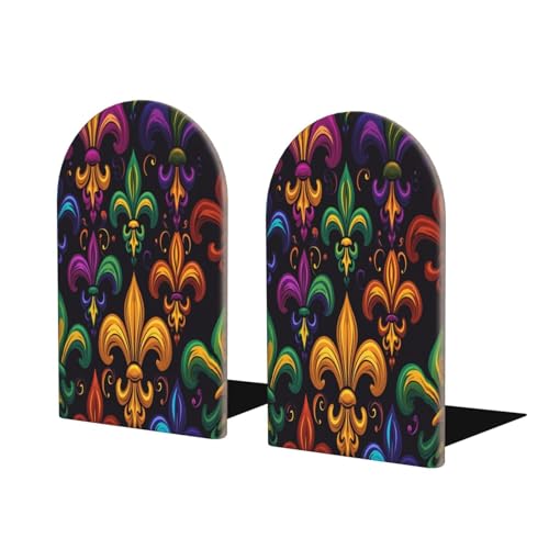 Decorative Bookends 2 Pcs Colorful Mardi Gras Fleur De Lis Wood Bookends for Shelves Heavy Books Kids Non-Skid Book Ends Stoppers for Office Desk Kitchen School - color: Colorful Mardi Gras Fleur De Lis