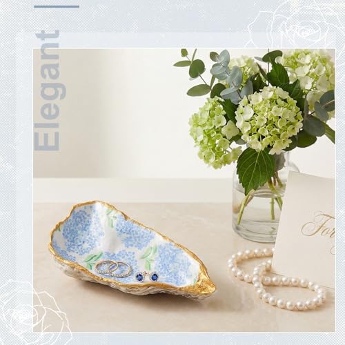 Natural Oyster Ring Trinket Dish Vintage Jewelry Tray for Keys Small Jewelry Holder for Bridal Shower Favors Friends Sisters Daughter Mother Gift Seaside Style Decor(Blue Hydrangea) - style: Blue Hydrangea