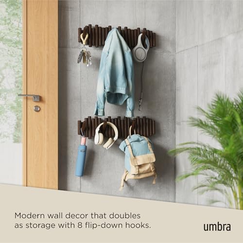 Umbra Picket Coat Rack with 8 Hooks – Walnut Wall-Mounted Coat Rack with Flip-Down Wooden Hooks, Real Pine Wood Decorative Wall Storage for Jackets, Hats, Scarves, Bags, Entryway, Bedroom Living Room - color: Walnut, size: 8-Hook