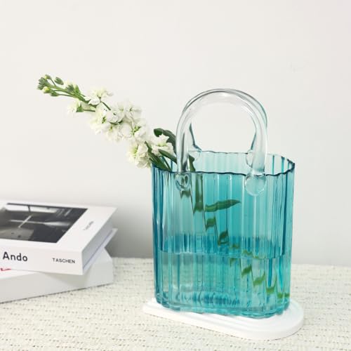 10.8" Modern vase, Transparent Blue Glass Striped Handbag vase, Home Decoration. Elegant Handbag, Suitable for Bedroom, Living Room and Home Decoration- Blue - color: Vertical Patterned Vase - Blue