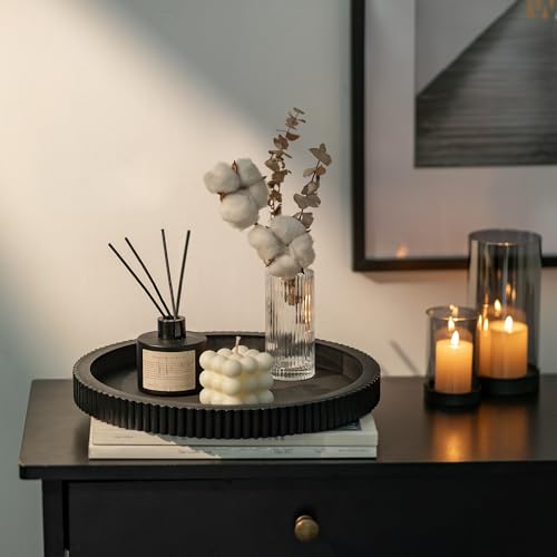 Hanobe Decorative Tray for Coffee Table: 12" Black Round Centerpiece Tray for Home Decor - Wood Modern Farmhouse Decor for Living Dining Room Kitchen Island Tabletop - color: Black