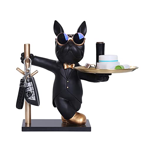 Modern Decor Resin Bulldog Tray Statue Tray Storage Key Holder Candy Jewelry Earrings Storage Tray Suitable for Modern Home Decor Aesthetic Table Decoration Office (Type A - Black)