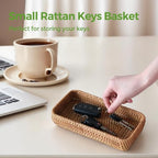 Small Rattan Serving Tray, Natural Wicker Decorative Tray Handwoven for Keys Trinkets Rings Cosmetics, Decorative Jewelry Perfume Tray for Coffee Table Entryway Living Room(8.2" × 4.3") - style: XS (8.2" × 4.3")