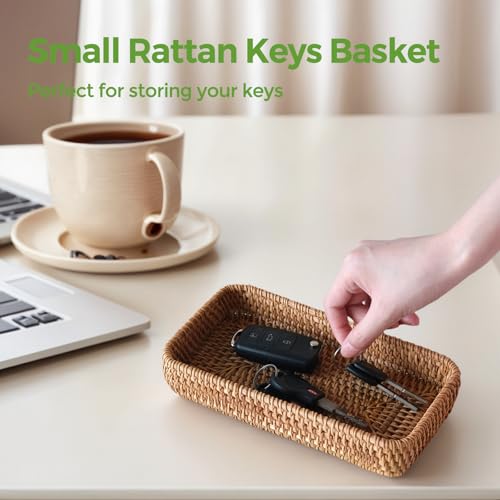 Small Rattan Serving Tray, Natural Wicker Decorative Tray Handwoven for Keys Trinkets Rings Cosmetics, Decorative Jewelry Perfume Tray for Coffee Table Entryway Living Room(8.2" × 4.3") - style: XS (8.2" × 4.3")