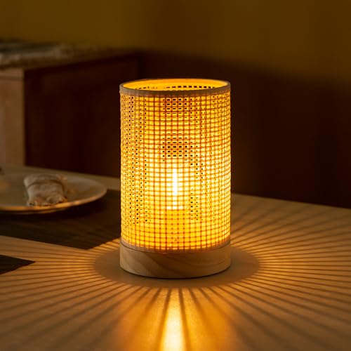 LUSHARBOR Battery Operated Lamp Boho Rattan Table Lamp with Timer, Battery Powered Lamp Bedside Cordless Accent Lamp for Livingroom/Entryway/Tabletop Decor Beige - style: LATTICE