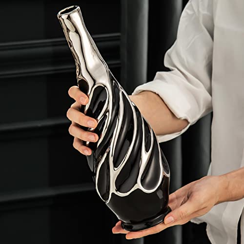 Yundu Black with Silver Vase Set of 2 - Pampas Grass Vase, Ceramic Vases Ideal for Living Room, Shelf, Coffee, Home Decor. Boho & Modern Centerpieces Flowers Vases - color: Black With Silver