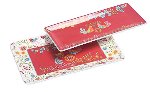 Bico Red Spring Bird Ceramic 14 inch Rectangular Serving Platter, Set of 2, for Serving Salad, Pasta, Cheese, Ham, Appetizer, Microwave & Dishwasher Safe