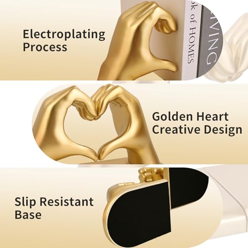 Gold Decorative Bookends for Shelves, Heart Hands Book Ends Sculpture Aesthetic Decor for Bedroom Living Room Merch Apartment Bookshelf Birthday Women Decorations Stuff Aesthetic - color: Gold