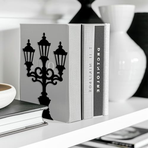 Peacoblue Metal Bookends for Shelves, Modern Decorative Heavy Duty Study Book Support Stoppers for Office, Desk, Shelf, Room 5.3"x4.3"x7.3" Cast Iron Simple Tall Bookends, 1 Pair (Street Lamp) - style: Street Lamp
