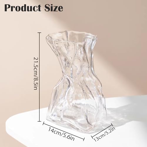 FOWSEEK 8.5IN Large Glass Flower Vase, Irregular Clear Big Vases for Centerpiece Table Indoor Desk Decor, Modern Art Decorative Vase for Home Office Wedding Bookshelf Housewarming Gift - color: Clear, size: Large