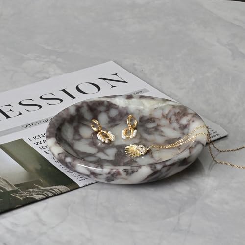ZSHAWN Natural Marble Ring Dish Jewelry Tray – 5.5" Trinket Dish for Rings Earrings Necklace, Scratch-Resistant Vanity Organizer, Elegant Gift for Women (Calacatta Viola) - color: Calacatta Viola