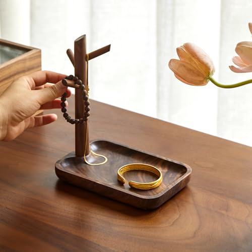 Black Walnut Solid Wood Key Dish Bowl for Entryway Table Square Tray With 3 Hooks, Open Storage for Keys, Wallet, Jewelry (Walnut, small) - color: Walnut, size: Small