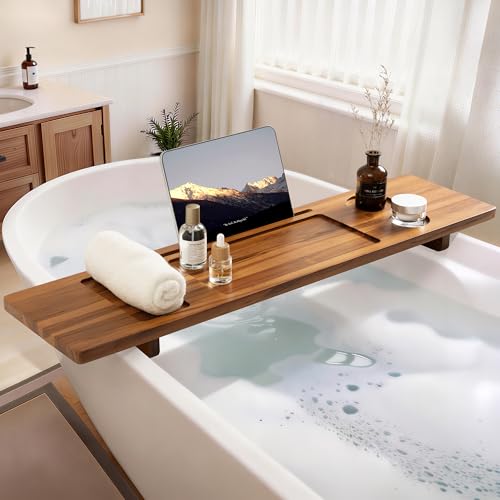 Teak Bathtub Tray - Wood Bath Caddy Tray 35" for Large Tubs - Adjustable Bathtub Table Trays - Luxury Shower Organizer for Home Spa Relaxation and Reading - Light Walnut Color - color: Light Walnut-a, size: 35" x 9" x 2.4"