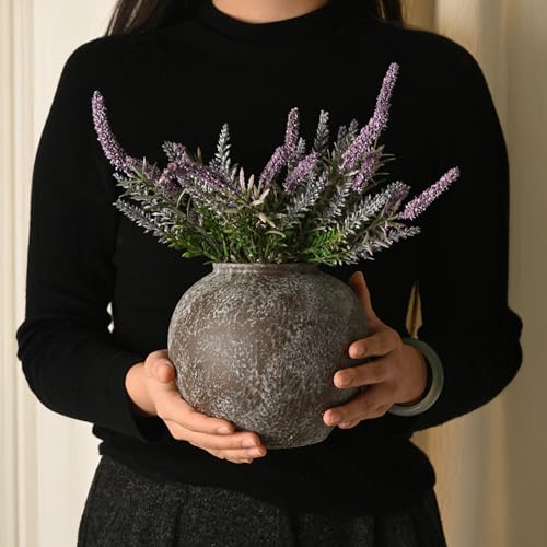 Rustic Black Stone Vase Home Decor - 6 in Ceramic Vintage Farmhouse Vases for Decor, Decorative Terracotta Round Clay vase for Living Room, Table, Shelf, Kichen Décor - style: 04 - Small Rustic Brush Black