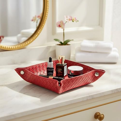 UnionBasic Small Valet Tray, Jewelry Tray for Rings Watches Earrings, Entryway Catchall Caddy for Coins Keys Change, Nightstand Bedside Valet Holder, Trays for Electronic Gadgets, Woven Red - color: Woven Red, size: 5.4" x 5.4" x 1.6"