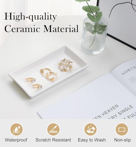 Emibele Jewelry Tray, Small Rectangle Ceramic Vanity Tray Jewelry Dish, Trinket Perfume Tray for Cosmetics, Rings, Bathroom Kitchen Soap, White - color: White(1 Pack)
