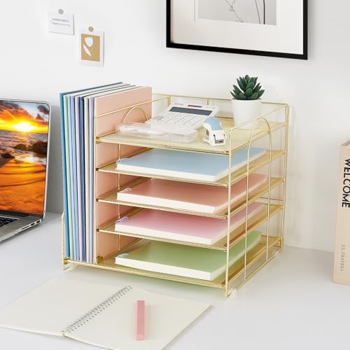 LEKETREE Desk Organizers and Accessories, 5-Tier Paper Letter Tray Organizer with File Holder, Desktop Organizer for Office Supplies (Gold) - color: Gold, size: 12" x 12" x 12"