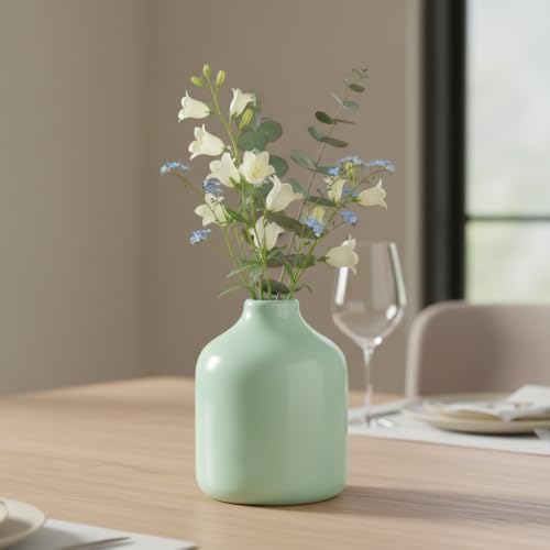 Sunddo Small Green Flower Vase for Home Decor - 5 Inch Cute Modern Centerpieces Vases, Ceramic Bud Vase for Living Room, Book Shelf, Window Sill Decor, Bathroom, Bedroom, Table Decor - color: Light Green, size: 5 inch